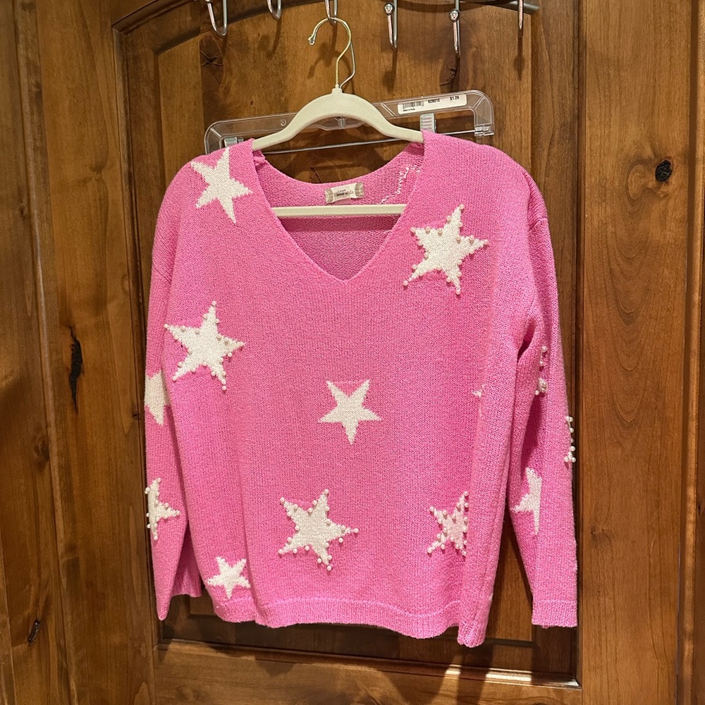 Altar’d State Pink Star Sweater with Pearl Detail Size XS